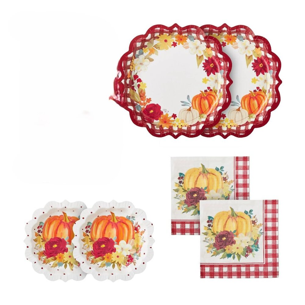 Pioneer Woman Thanksgiving Fall Gingham Harvest Paper Party Supplies 16 Guests